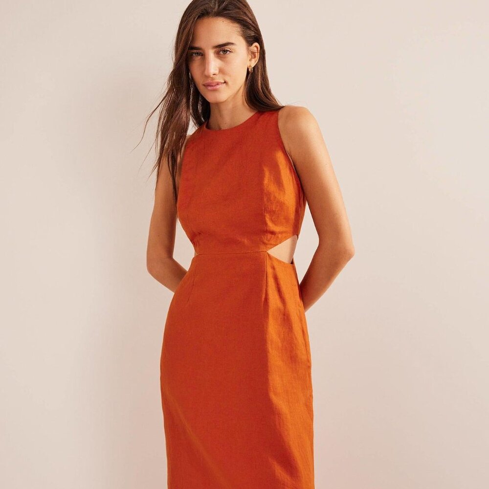 NWOT Boden Cut-Out Linen Midi Dress Rust Size 12